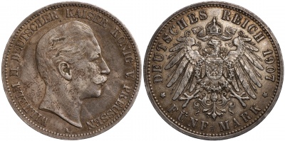 Германская империя [Пруссия]. Монета 5 марок. 1907.A (J.104 / KM#523. aXF/XF. Серебро)