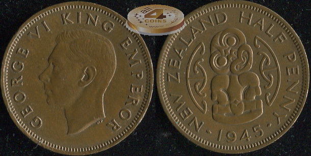 Новая Зеландия. 1/2 пенни. 1945 (Unc)