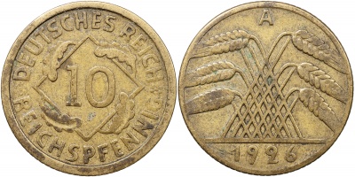 Германия [Веймарская республика]. Монета 10 рейхспфеннигов. 1926.A (J.317 / KM#40. VF)
