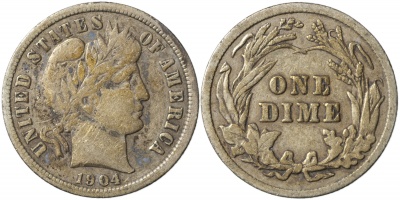 США. Монета 10 центов [Дайм]. 1904 (KM#113. aXF. Серебро) Barber Dime
