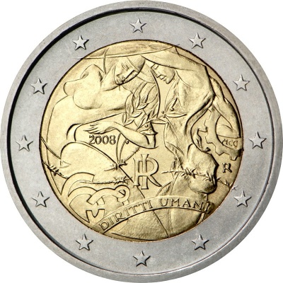 Италия. 2 евро. 2008 (Unc. Биметалл) 60-летие принятия Всеобщей декларации прав человека