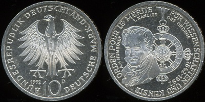 Германия (ФРГ). 10 марок. 1992 (Серебро)