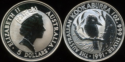 Австралия. 5 долларов. 1991 (Frosted Unc)