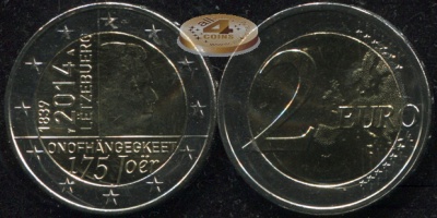 Люксембург. 2 евро. 2014 (Unc. Биметалл) 175 лет независимости Великого Герцогства Люксембург