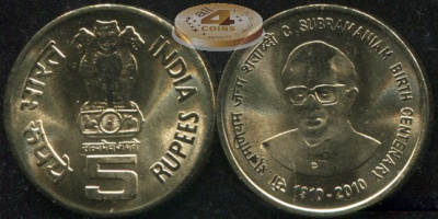 Индия. 5 рупий. 2010 (Unc) Субраманьян Чандрасекар. 100 лет со дня рождения