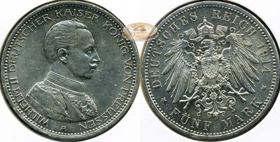Германия (Пруссия). 5 марок. 1914 A (aUnc. Серебро)