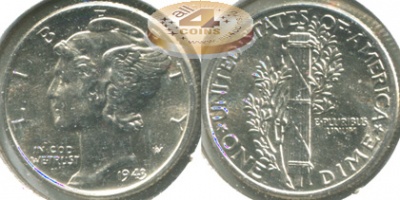 США. 10 центов (Дайм). 1943 (Unc. Серебро)