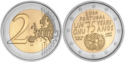 Португалия. Монета 2 евро. 2020 (Unc. Биметалл) 75 лет ООН