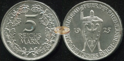 Германия [Веймарская респ.]. 5 рейхсмарок. 1925.A (Unc. Серебро)