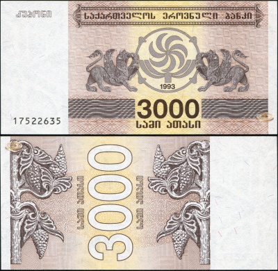 Грузия. Банкнота 3000 лари. 1993. Unc. Бумага. Кат.# P.45a