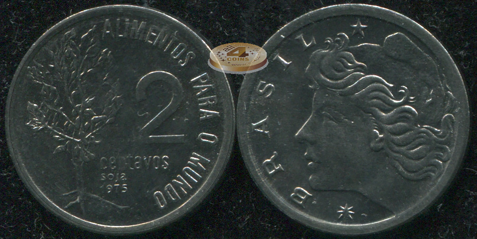 Бразилия. Монета 2 центаво. 1975 (KM#586. Unc) Соя