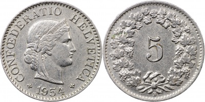 Швейцария. Монета 5 раппенов. 1954.B (S.1212 / KM#26. Unc)