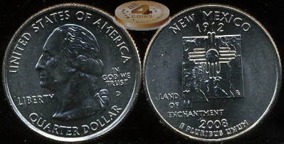 США. Монета 25 центов [Квотер]. 2008.D (KM#422. Unc) Нью-Мексико