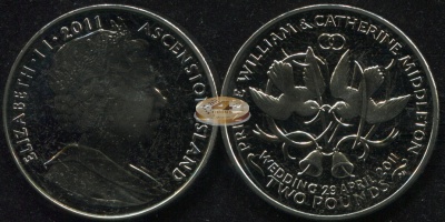 Остров Вознесения. Монета 2 фунта. 2011 (KM#20. Unc) Свадьба принца Уильяма и Кейт Миддлтон