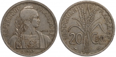Французский Индокитай. 20 центов. 1939.(a) (aUnc)