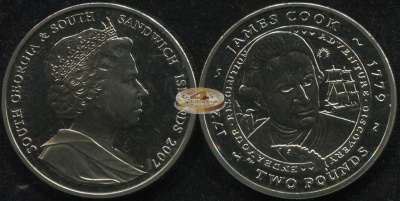 Южная Георгия и Южные Сандвичевы о-ва. Монета 2 фунта. 2007 (KM#36. Unc) Джеймс Кук. 1728-1779