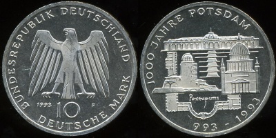 Германия (ФРГ). 10 марок. 1993 (F) (Серебро)