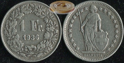 Швейцария. 1 франк. 1936 (VF+. Серебро)