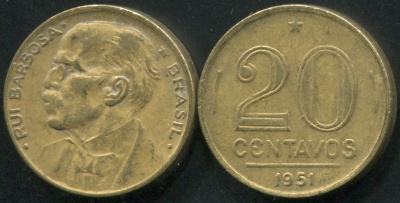 Бразилия. Монета 20 центаво. 1951 (KM#562. VF) Руй Барбоза