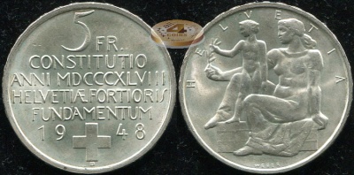 Швейцария. 5 франков. 1948 B (aUnc. Серебро)