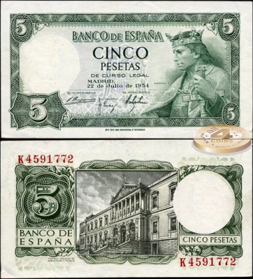 Испания. 5 песет (aUnc) 1954