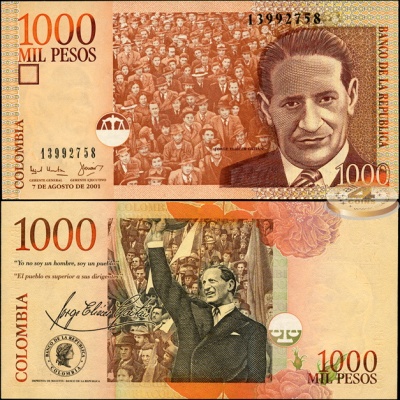 Колумбия. Банкнота 1000 песо. 07.08.2001. Unc. Бумага. Кат.# P.450a
