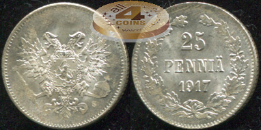 Финляндия [Российская]. Монета 25 пенни. 1917.S (KM#19. XF/XF+. Серебро)