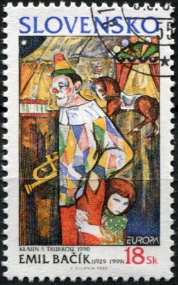 Словакия. 2002. Цирк. Клоун с трубой (Почтовая марка. CTO Гашеная)
