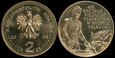 Польша. 2 злотых. 2008 (Unc) 400-летие польского поселения в Северной Америке
