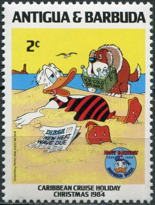 Антигуа и Барбуда. 1984. Дональд Дак на пляже (Почтовая марка. MNH OG)
