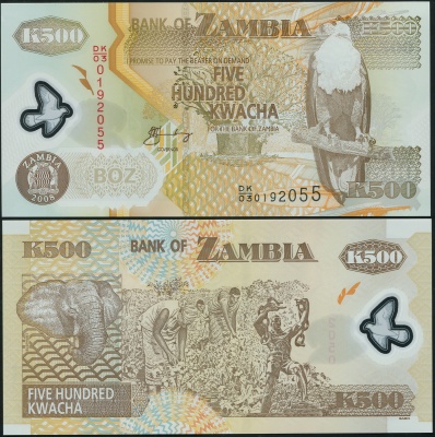 Замбия. Банкнота 500 квач. 2008. Unc. Пластик. Кат.# P.43f