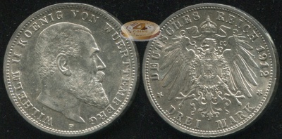 Германия (Вюртемберг). 3 марки. 1914 F (aUnc. Серебро)