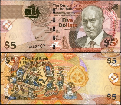 Багамские о-ва. Банкнота 5 долларов. 2007. Unc. Бумага. Кат# P.72a