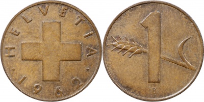 Швейцария. Монета 1 раппен. 1969.B (S.1216 / KM#46. Unc)