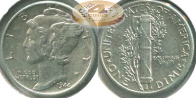 США. 10 центов (Дайм). 1944 (aUnc. Серебро)