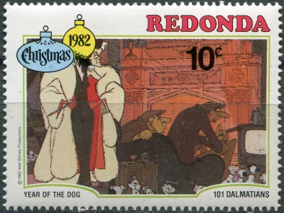 Редонда. 1982. Круэлла, Джаспер и Гораций с похищенными щенками (Почтовая марка. MNH OG)