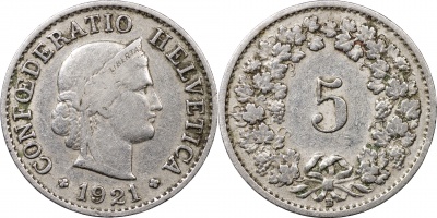 Швейцария. Монета 5 раппенов. 1921.B (S.1212 / KM#26. VF/XF)