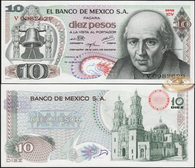 Мексика. 10 песо (Unc) 1974