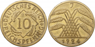 Германия [Веймарская республика]. Монета 10 рейхспфеннигов. 1924.J (J.317 / KM#40. VF/XF)