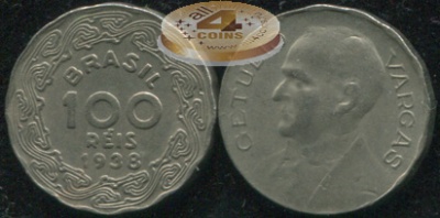 Бразилия. Монета 100 рейс. 1938 (KM#544. aXF/XF)