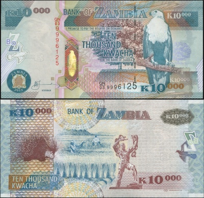 Замбия. Банкнота 10000 квач. 2012. Unc. Бумага. Кат.# P.46h