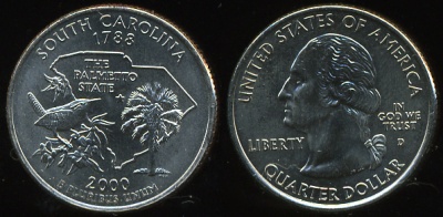 США. Монета 25 центов [Квотер]. 2000.D (KM#307. Unc) Южная Каролина