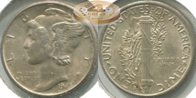 США. 10 центов (Дайм). 1945.S (aUnc. Серебро)