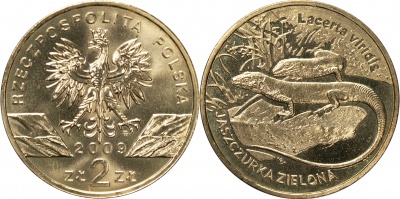 Польша. Монета 2 злотых. 2009 (KM#Y.678. Unc) Европейская зеленая ящерка