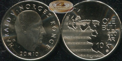 Норвегия. Монета 10 крон. 2010 (KM#483. Unc) 200 лет со дня рождения скрипача Уле Булля