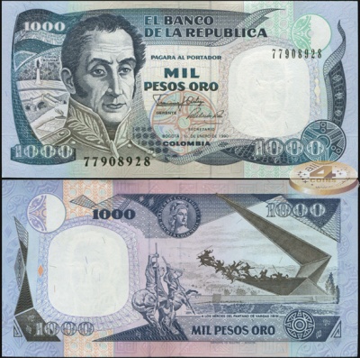 Колумбия. Банкнота 1000 песо оро. 01.01.1990. Unc. Бумага. Кат.# P.432a
