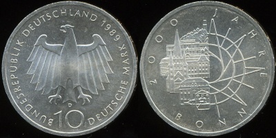 Германия [ФРГ]. 10 марок. 1989.D (Unc. Серебро)