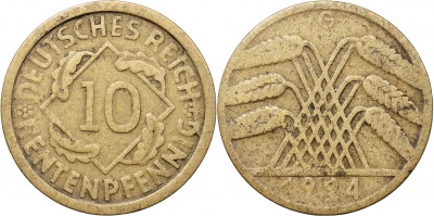 Германия [Веймарская республика]. Монета 10 рентенпфеннигов. 1924.G (J.309 / KM#33. VF)