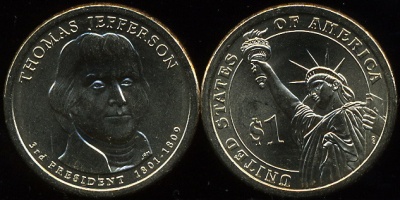 США. 1 доллар. 2007.P (Unc) Томас Джефферсон