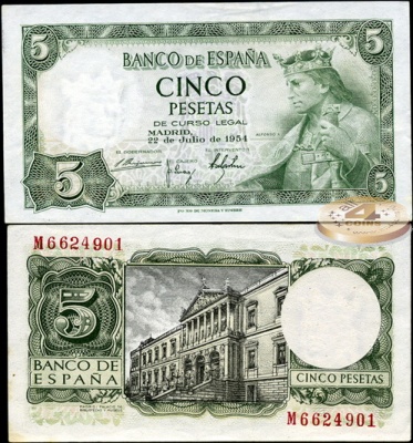 Испания. 5 песет (aUnc+) 1954